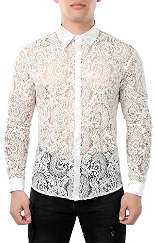 JOGAL Chemise à manches longues pour homme Transparent Motif floral, Peigne de robinet blanc., XL