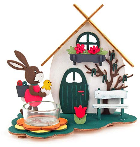 Bastelsatz Teelichthalter Osterhaus – Holzbausatz - Osterdeko - Handarbeit Erzgebirge – Bastelset - Höhe 11 cm - NEU
