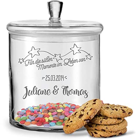 GRAVURZEILE Leonardo Keksglas mit Gravur - Keksdose Bonbonglas mit Deckel - Vorratsdose personalisiert mit Namen & Datum - Geschenk für Paare, zur Hochzeit als Geldgeschenk Farbe Süßigkeiten