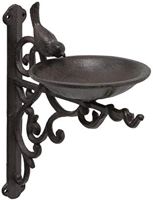 CasaJame Gusseisen Vogeltränke zur Wandmontage Schale mit Vogel Dunkelbraun Länge 23 cm Breite 14 cm Höhe 25 cm