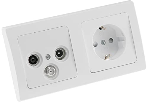 Delphi Steckdose mit Antennendose TV SAT Cable Unterputz 2-Fach Rahmen UP Einbau Set mit Wandabdeckung Schutzkontaktsteckdose Sat-Dose Kombination Weiß