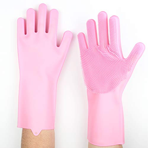 Gants Vaisselle en Silicone Rose - Gants Menage avec Brosse de Nettoyage- Ustensile de Cuisine - Réutilisable et écologique - Pour Nettoyer la Maison, la Voiture, la Salle de Bain, les WC