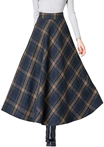 Minetom Rock Damen Lang Vintage Plaid Winterrock Warm Elastische Taille A Linie Röcke Casual Rock Hohe Taille Kariert Maxi Rock E Marine M