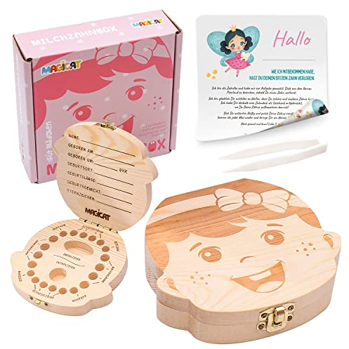 Magicat Premium Milchzahndose Mädchen, Zahndose aus Holz, Dose zur Aufbewahrung von Milchzähnen, Baby Milchzähne Box als Geschenk zum Geburtstag oder Taufe, inkl. Pinzette und Zahnfee Geschichte