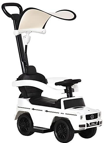HOMCOM Rutschauto für Kinder, multifunktional, 12-36 Monate, Hupe, Tritthupe, Geländer und Sonnenschirm, Weiß