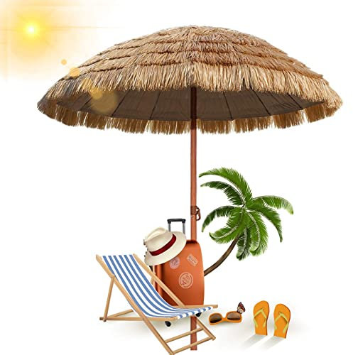 Φ1.45m Outdoor Sonnenschirm, Strandschirm, Simulations Stroh Regenschirm, Gartenschirm, Klappbar, Schwimmbad Camping Terrasse Innenhof Angeln