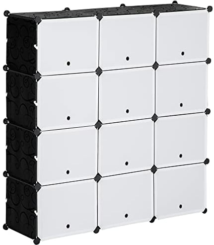 HOMCOM Armario Modular de Plástico Cajas de Zapatos con 12 Cubos Zapatero Organizador para Entrada Pasillo Dormitorio 125x32x125 cm Negro y Blanco