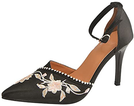 NOAGENJT Soletta Tacco Scarpe Toe Buckle Women Shoes Sandals Flowers Casual Strap ricamo singolo sottile a punta Heels Women's tacchi alti Décolleté Fucsia