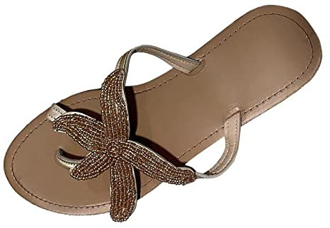 Flip-Flop for Women Flip Flops with Beaded Starfish,Starfish Bride Glitter Flip Flop Sandals UK Size 7 Rose Gold