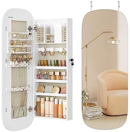 SONGMICS Organisateur de bijoux, armoire à bijoux LED à montage mural ou sur porte, grand miroir arrondi verrouillable avec rangement, miroir intérieur, cadeaux de Noël, surface blanche avec doublure