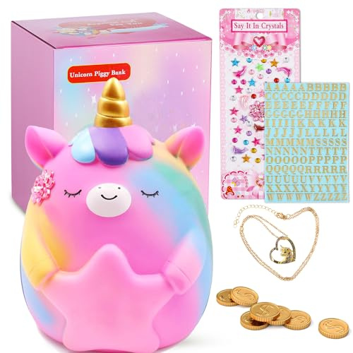 Unicorn Coin Bank Jar for Girls,Ompinda Unbreakable Resin Cute Rainbow Unicorn Saving Piggy Bank Momeny Jar with DIY Stickers and Unicorn Necklace Unique Girl Gifts for Birthday,Home Decoration (B)