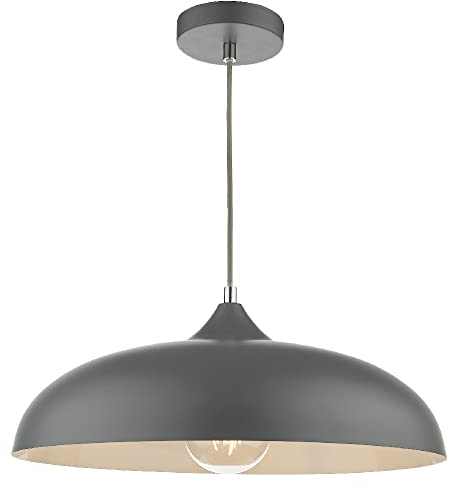 Matt Graphite Grey Metal Vintage Shallow Curved Dome Pendant Ceiling Light | 45cm Diameter | Grey Braided Cable | Chrome Accent | 1 x ES E27 Lamp Required | 240 Volts | Bedroom - Lounge - Kitchen