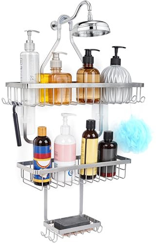 BELLE VOUS Plateado Estanteria de Ducha Sin Taladro - Estantería de Baño para Colgar - Estante de 38 x 60 cm - Organizador de 3 Estantes Cesta para Jabón y 10 Ganchos para champú, Accesorios