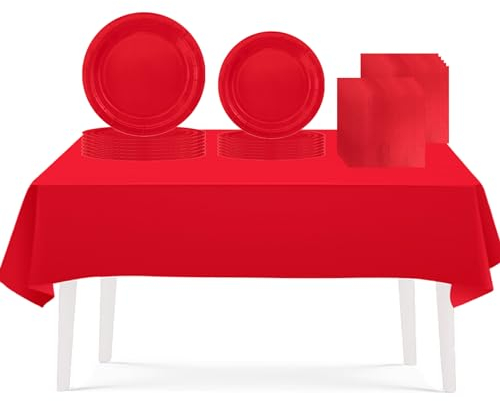 53PCS Classy Red Party Tableware Decorations for Kids Christmas, Disposable Tableware Set - Tablecloth, Table Covers, 7inch & 9inch Paper Plates, Paper Napkins for Xmas, Birthday, Wedding Party Favor