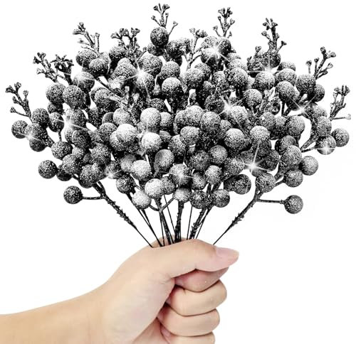 Kunjocy 12 Pcs Snowy Christmas Glitter Berries Stems - Frosted Artificial Picks for Wreath, Garland, Xmas Tree Ornament (Black)
