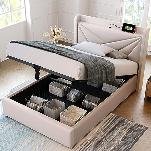 Oyemige Polsterbett 90x200, Einzelbett mit Stauraum und Lattenrost, Kopfteil mit USB Typ C Ladefunktion, Hydraulisch Stauraumbett Rückenlehne Funktionsbetten Jugendbett, ohne Matratze, Leinen Beige