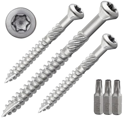 Terrassenschraube mit Zierkopf und TX-Antrieb | gehärteter Edelstahl C1 | inkl. 2 x S2-Bits | Schaftfräser + Cutspitze | unterkopfverstärkt mit Fräsrippen | mit ETA-Zulassung | 5 x 60 mm, 500 Stück