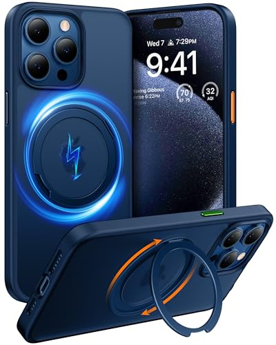 TORRAS Ostand R Series iPhone 15 Pro Max Case Shockproof with Stand [Military-Grade Protection] [360° Rotatable Magnetic Ring] Slim Phone Case for iPhone 15 Pro Max Cover Blue Matte