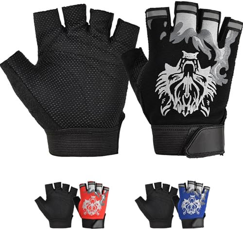 CubePlug Kinder-Handschuhe für Jungen und Mädchen, Radfahren, Klettern, Halbfinger-Handschuhe, Gel-gepolstert, BMX-Fahrrad, fingerlos [SPI (Black Wolf, XL)