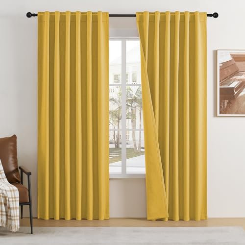 DUALIFE Verdunkelungsvorhänge, 213 cm lang, 2 Stoffbahnen, verdunkelnde Leinen-Vorhänge für Schlafzimmer/Wohnzimmer, Rücklasche und Stangentasche, Gelb, 127 cm breit und 213,4 cm lang, 2 Stück