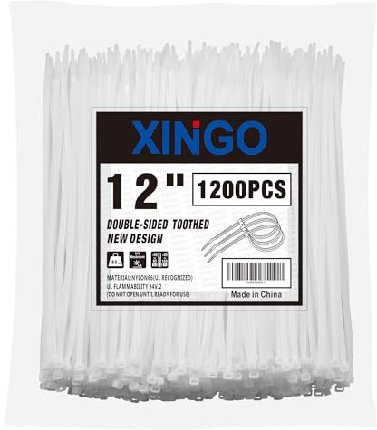XINGO White Cable Ties 1200 PCS,300mm x 4.8mm, 85 LBS Tensile Strength, UV Resistant Cable Ties, Premium Self-Locking Plastic Ties for Indoor and Outdoor Use