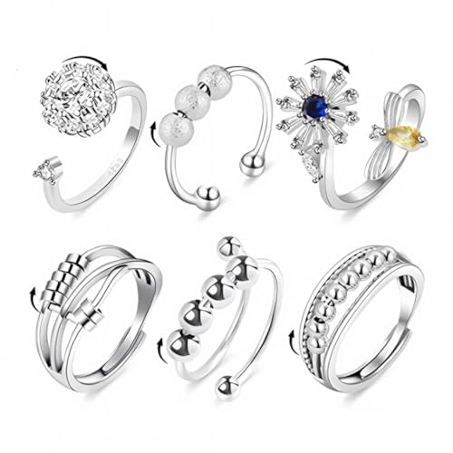 LEEQ 6 pcs Angst Spinning Ringe für Damen - 925 Silber Damenringe, Offener Ringe Fidget Spinner Ringe, Zirkonia Zappelringe, Verstellbare Stapelbare für Stress Abbauen