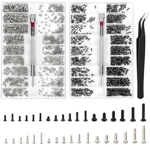 XIATIAN 1000Pcs Tiny Micro Repair Screw Kit, 18 Sizes Tiny Screws M1.2 M1.4 M2, Replacement Screws Kit with Screwdriver and Tweezers for Glasses, Laptop, Sunglasses and Watch Repair (L+N)