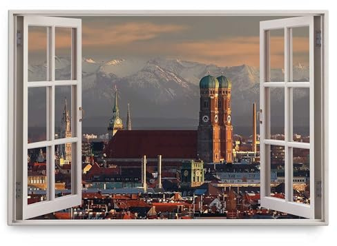 Paul Sinus Wandbild 120x80cm Fensterbild München Frauenkirche Alpen Berge Historisch