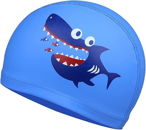 Gorros de Piscina para Niños, Gorros Natacion para Niños y Niñas de 4 a 10 Años, Tela Elastica Facil de Poner. (Tiburon)
