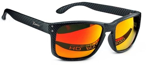 Rennec Herren Sonnenbrille Polarisiert Rechteckig Orange Verspiegelt Hochwertige Carbon Kevlar Optik Schwarz Motorsport Brille Anglerbrille