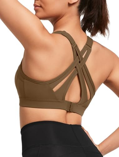 Yvette verstellbar Sport BH Starker Halt gekreuzt Rücken Große Brüste für Fitness Lauf Joggen,Braun,L Große Größen