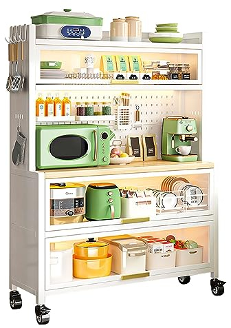 GLETSF Küchen-Aufbewahrungsschrank – Bäckerregal, Mikrowellenständer mit Aufbewahrung, Mikrowellenwagen, mit Klapptür und DIY-Rückwand, kreativen und bremsbaren Rollen und 8 Haken (weiß L)