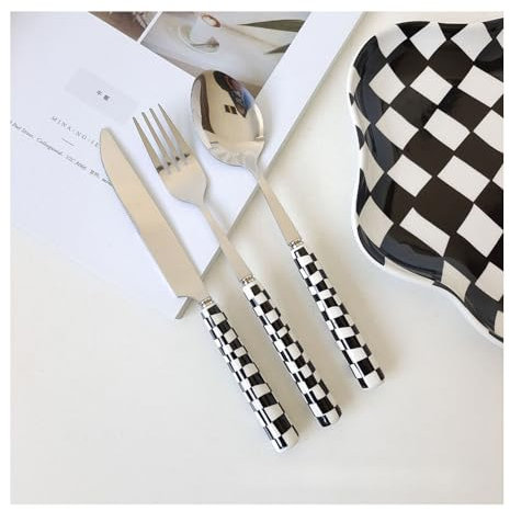 (12 Pieces) Chequerboard Ceramic Handle Kitchen Stainless Steel Silverware Tableware Flatware Cutlery Set Steak Knife Fork Spoon Teaspoon (Black)