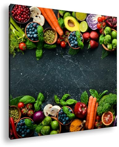 Leinwandbild Bunte Symphonie aus Obst und Gemüse, auf rustikaler Tafel. Format: 70x70 cm XXL Kunstdruck Bild auf Keilrahmen/Wandbild/Wohnzimmer Deko