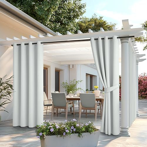 MIULEE Outdoor Vorhang 2 Stücke Outdoorvorhänge Wetterfest mit Ösen, Blickdicht Sonnenschutz Wasserdicht Outdoor Außen Gardine für Garten Terrasse Pavillon Veranda Balkon B 132 x H 215 cm Grau-Weiß