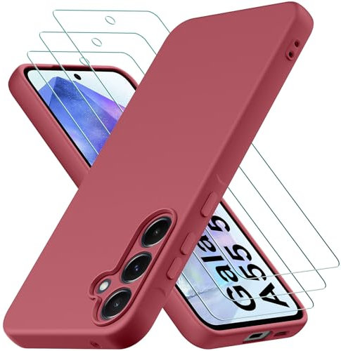 Coque Samsung Galaxy A55 5G, avec 3 Pièces Verre trempé Protection écran, Couche Intérieure Douce, Mince Souple Silicone Étui Protection Antichoc Bumper Housse TPU Téléphone Case Cover, Vin Rouge
