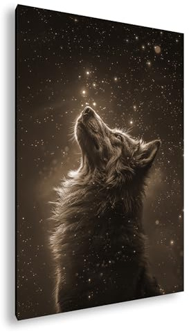 Leinwandbild Wolf unter Sternen, Wächter der Nacht, Blick in die Unendlichkeit. Format: 90x60 cm Effekt: Sepia XXL Kunstdruck Bild auf Keilrahmen/Wandbild/Wohnzimmer Deko