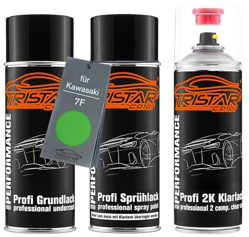 TRISTARcolor Motorradlack Set Spraydosen für Kawasaki 7F Lime Green +2K | Set aus Grundlack + Basislack + 2K Klarlack, Sprühdosen 400ml