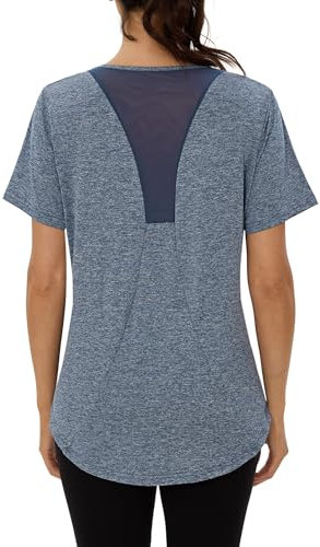Terecey Sport Tshirt Damen Fitness Funktionsshirt Kurzarm Sportshirt Laufshirt Locker Atmungsaktiv Wandershirt mit Back Mesh Sport Oberteile fur Yoga Zumba, Navy Blau S