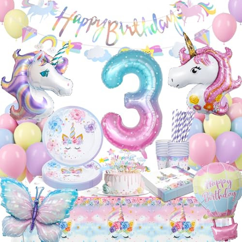 yosiio Unicorn Party Decorations, 3th Unicorn Birthday Decoration Set, Children's Party Tableware With Balloons for Girls 3 Years Birthday Supplies 16 Guests
