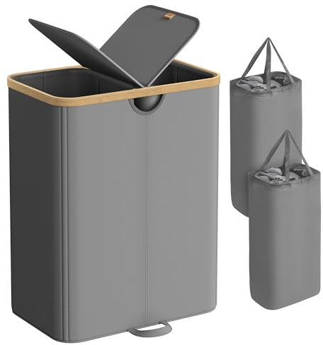 SONGMICS Cesto Portabiancheria a 2 Scomparti, Porta Biancheria 150 L, con Coperchio, Sacchi Interni Rimovibili, per Lavanderia Camera da Letto Soggiorno, Grigio Ardesia e Beige Naturale LCB523G01