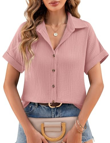 heekpek Camicia Donna Elegante Blusa Estiva Cotone T Shirt con Scollo a V Casual Maglia Manica Corta Maglietta Camicie Estive Top, Rosa, XL