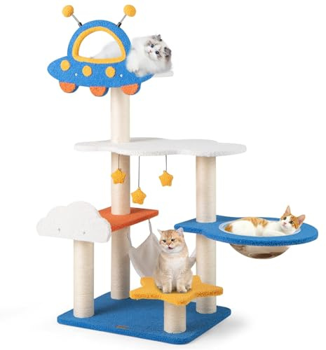 COSTWAY Kratzbaum Klein, Weltraum-Thema, Katzenbaum mit UFO-Plattform, Spielzeug, Sisal-Kratzsäulen, Hängematte & Raumkapsel, Katzenkratzbaum, Katzen Katzenmöbel Kletterbaum, Blau (58 x 45 x 124 cm)
