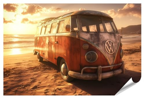 islandburner XXL Bild Poster Alter Volkswagen Bus am sonnigen Strand für Wohnzimmer Vintage-Liebhaber Surfbrett-Verleih Premium Bilder Fotodruck