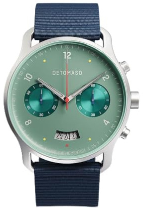 DeTomaso Herrenuhr Sorpasso Chronograph in Matte Green - Armbanduhr an blauem Ocean Plastic-Armband - aus 316L Chirurgenstahl mit einem Quarzuhrwerk & saphirgehärtetem Mineralglas – 42 mm