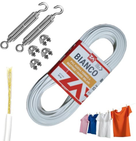 Cavo Stendibiancheria in acciaio ottonato plastificato bianco da esterno Ø 5 mm - 20 Metri - Carico 150 kg, Made in Italy, Filo resistente per stendere panni e bucato, Tenditori e morsette in OMAGGIO
