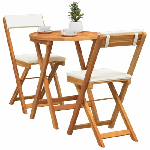 vidaXL 3-teiliges faltbares Bistro-Set mit Kissen aus massivem Akazienholz, runder Tisch und Stühle, Gartenmöbel für draußen, minimalistisches Terrassen-Set fürs Freiluftessen