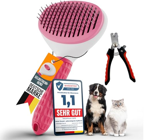 Kecks Tierwelt Katzenbürste & Hundebürste im Set: Für Kurz & Langhaar Inkl. Krallenschere reduziert Haarausfall, sorgt für glänzendes Fell & ist leicht per Knopfdruck schnell zu reinigen. (Pink)