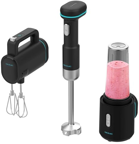 Cecotec Batidoras de Mano Portátil BlendGo Pack. 180W, Batería con Carga 2h, 30min Uso, Indicador Batería, Accesorios Completos, Temp 60-96ºC, Velocidad 6500-13000 RPM, Recargable, Botón de Seguridad
