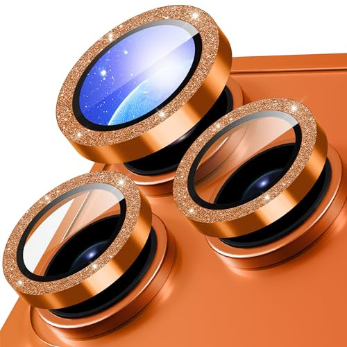 Diruite Pellicola Obiettivo Fotocamera per iPhone 17 Pro/17 Pro Max Vetro Temperato Lens Protector,HD Antigraffio Vetro Fotocamera+Decorazioni Scintillanti Protezione Lente,Arancione cosmico